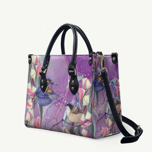 Australia Epilepsy Awareness Leather Bag Purple Fairy Wren with Eucalyptus Flowers - Aussie Hoodie
