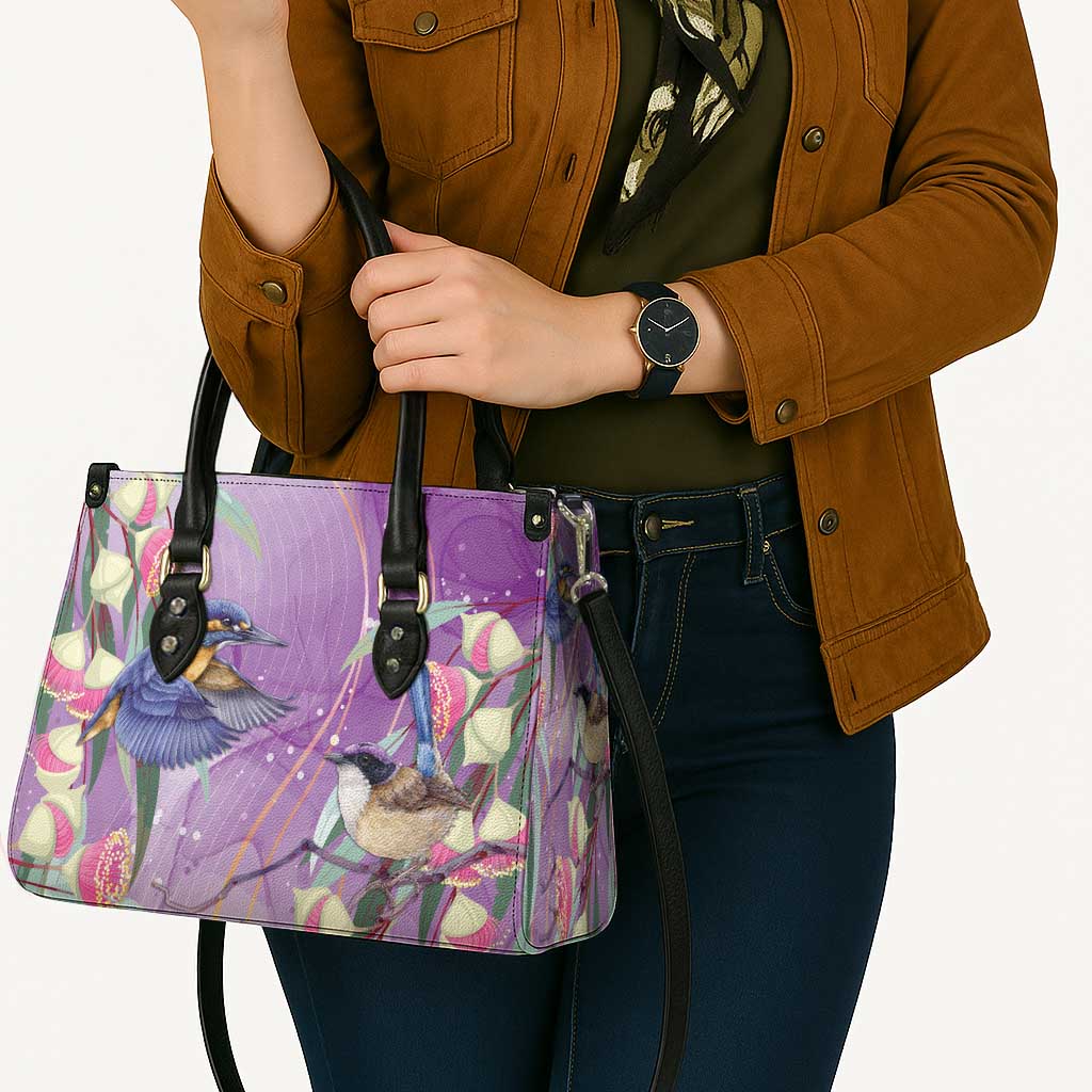 Australia Epilepsy Awareness Leather Bag Purple Fairy Wren with Eucalyptus Flowers - Aussie Hoodie