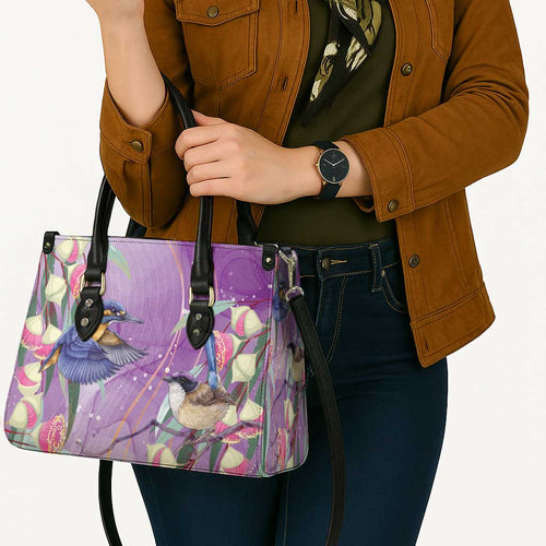 Australia Epilepsy Awareness Leather Bag Purple Fairy Wren with Eucalyptus Flowers - Aussie Hoodie