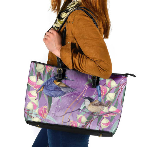 Australia Epilepsy Awareness Leather Tote Bag Purple Fairy Wren with Eucalyptus Flowers - Aussie Hoodie