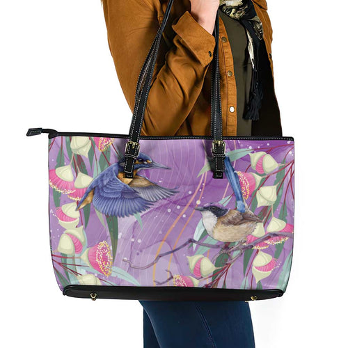 Australia Epilepsy Awareness Leather Tote Bag Purple Fairy Wren with Eucalyptus Flowers - Aussie Hoodie