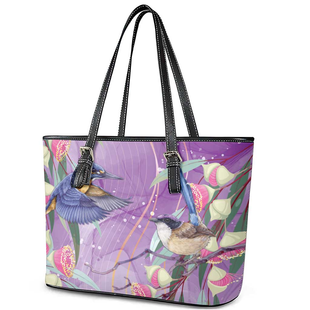 Australia Epilepsy Awareness Leather Tote Bag Purple Fairy Wren with Eucalyptus Flowers - Aussie Hoodie