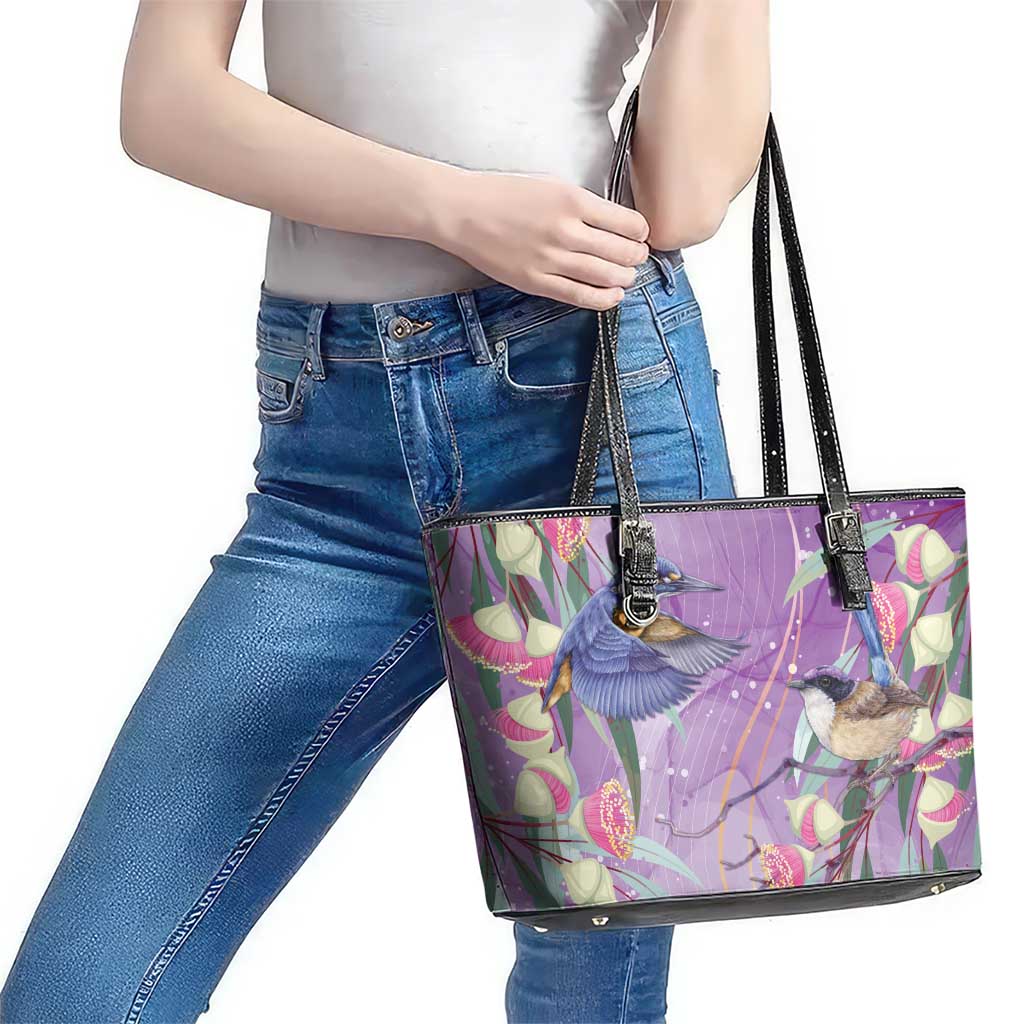 Australia Epilepsy Awareness Leather Tote Bag Purple Fairy Wren with Eucalyptus Flowers - Aussie Hoodie