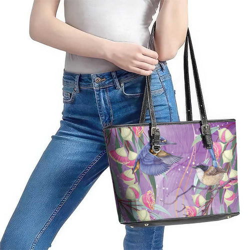 Australia Epilepsy Awareness Leather Tote Bag Purple Fairy Wren with Eucalyptus Flowers - Aussie Hoodie