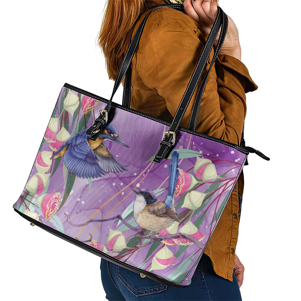 Australia Epilepsy Awareness Leather Tote Bag Purple Fairy Wren with Eucalyptus Flowers - Aussie Hoodie