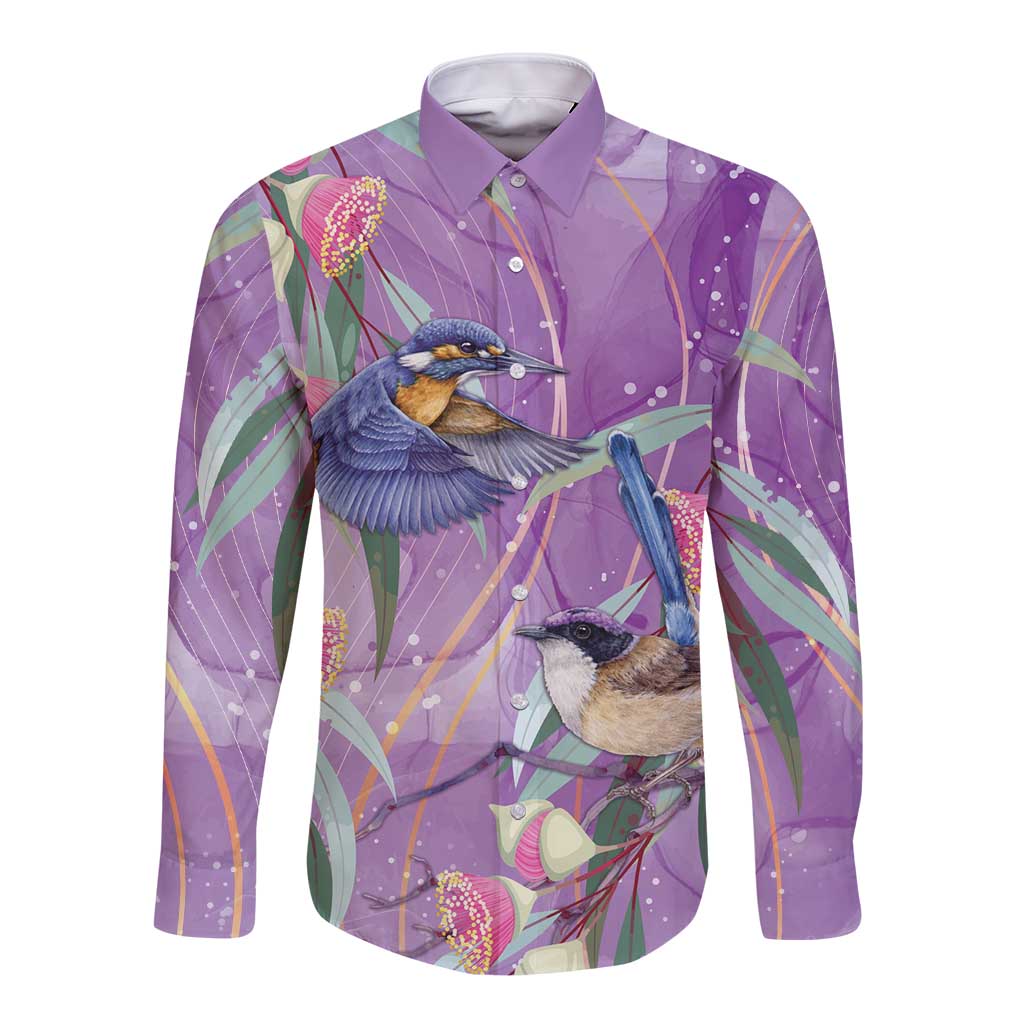 Australia Epilepsy Awareness Long Sleeve Button Shirt Purple Fairy Wren with Eucalyptus Flowers - Aussie Hoodie
