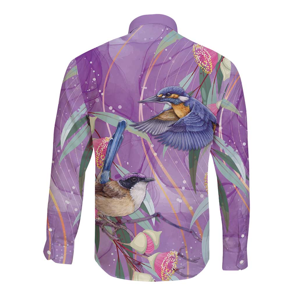 Australia Epilepsy Awareness Long Sleeve Button Shirt Purple Fairy Wren with Eucalyptus Flowers - Aussie Hoodie