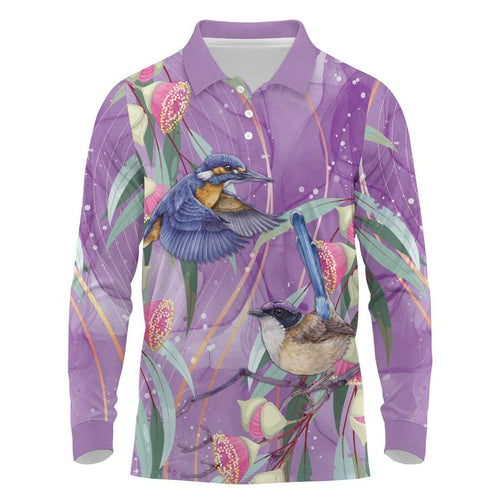 Australia Epilepsy Awareness Long Sleeve Polo Shirt Purple Fairy Wren with Eucalyptus Flowers - Aussie Hoodie