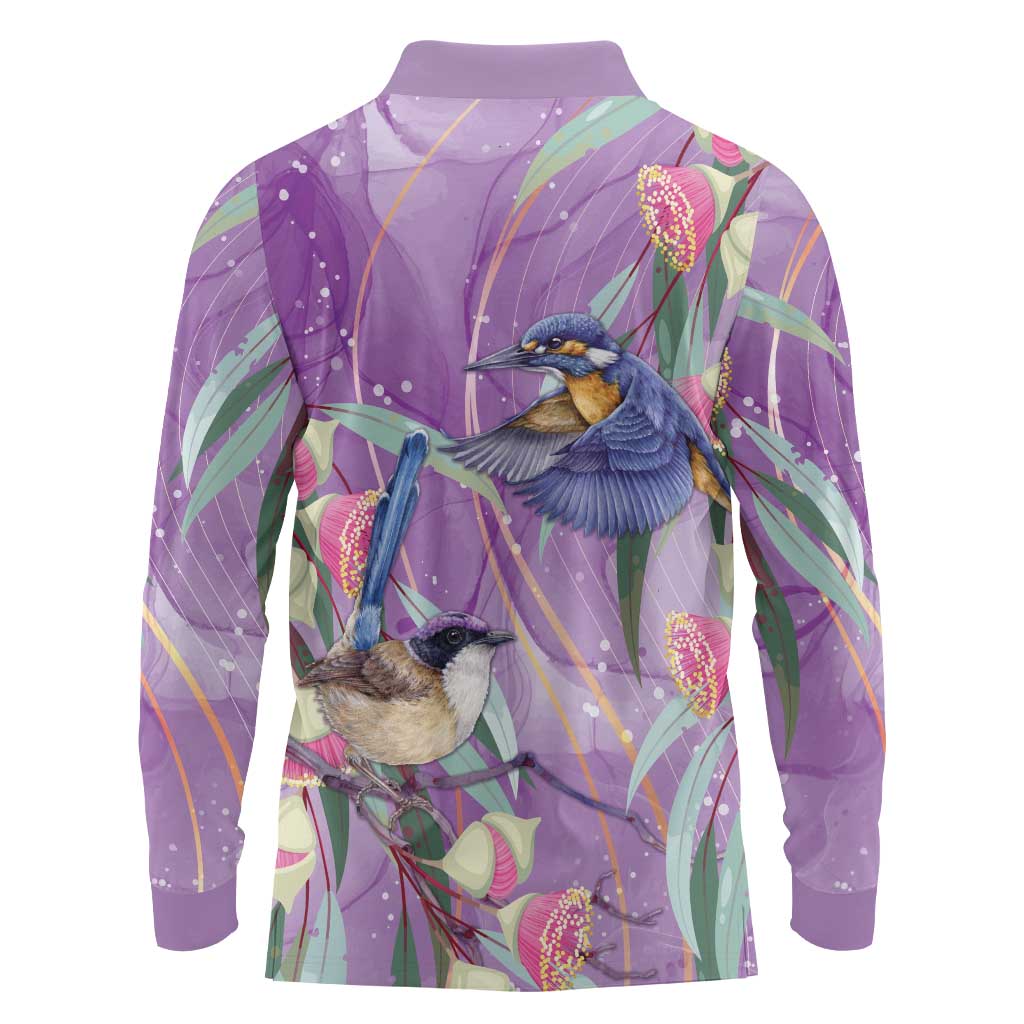 Australia Epilepsy Awareness Long Sleeve Polo Shirt Purple Fairy Wren with Eucalyptus Flowers - Aussie Hoodie