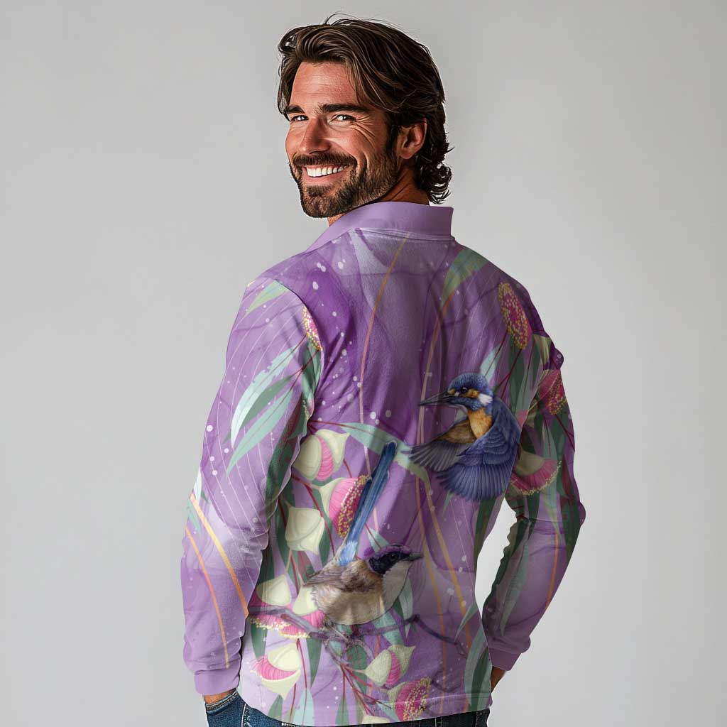 Australia Epilepsy Awareness Long Sleeve Polo Shirt Purple Fairy Wren with Eucalyptus Flowers - Aussie Hoodie