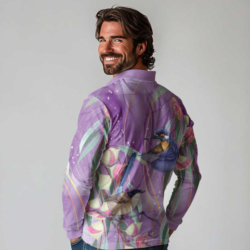 Australia Epilepsy Awareness Long Sleeve Polo Shirt Purple Fairy Wren with Eucalyptus Flowers - Aussie Hoodie