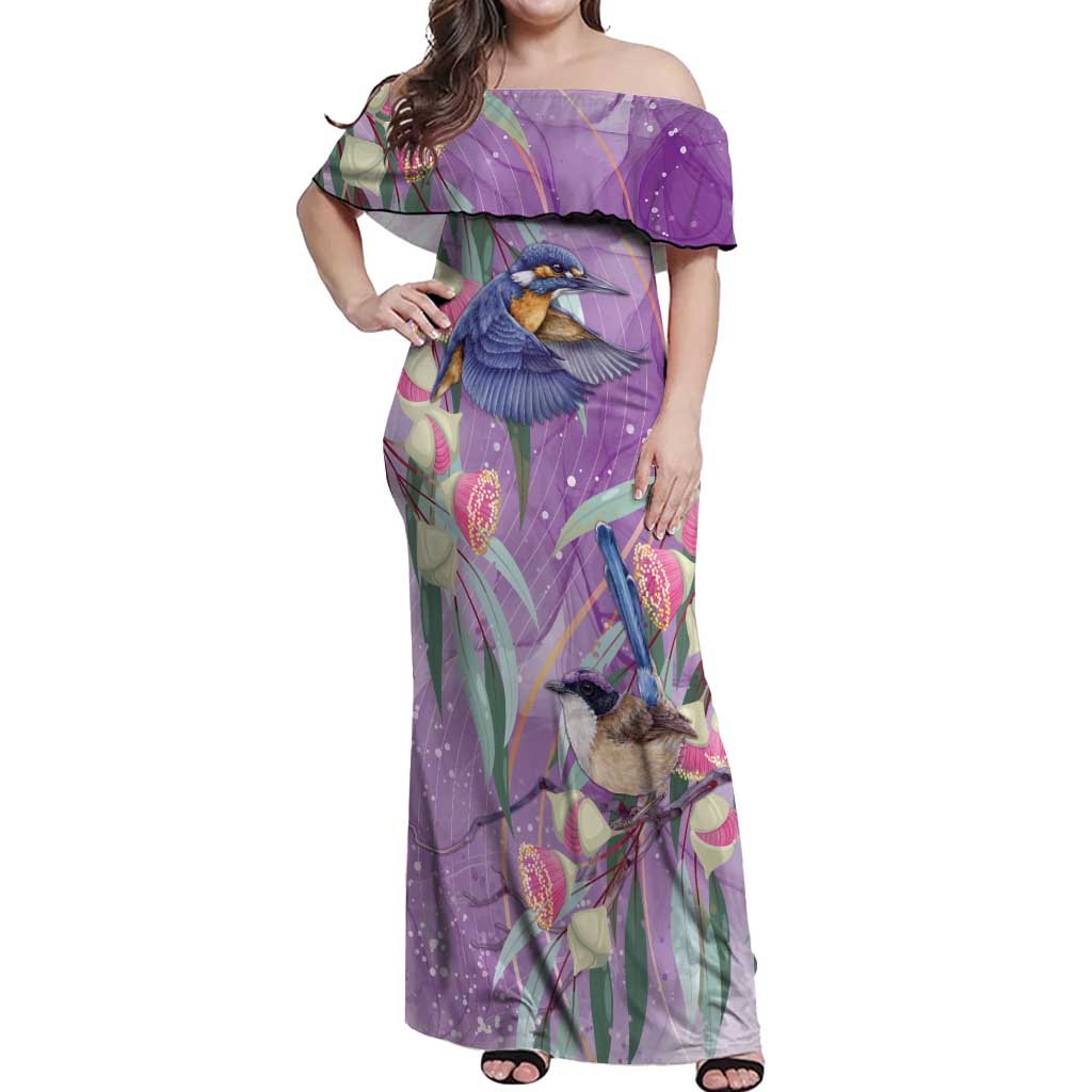Australia Epilepsy Awareness Off Shoulder Maxi Dress Purple Fairy Wren with Eucalyptus Flowers - Aussie Hoodie