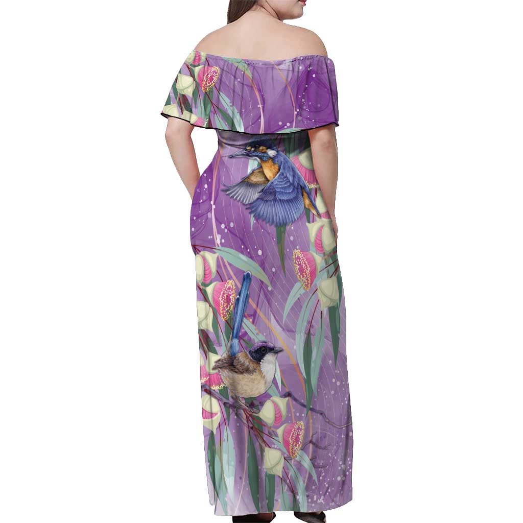 Australia Epilepsy Awareness Off Shoulder Maxi Dress Purple Fairy Wren with Eucalyptus Flowers - Aussie Hoodie