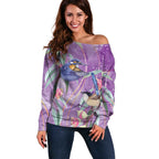 Australia Epilepsy Awareness Off Shoulder Sweater Purple Fairy Wren with Eucalyptus Flowers - Aussie Hoodie