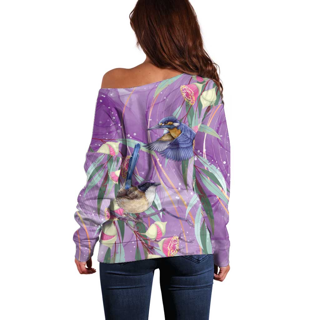 Australia Epilepsy Awareness Off Shoulder Sweater Purple Fairy Wren with Eucalyptus Flowers - Aussie Hoodie