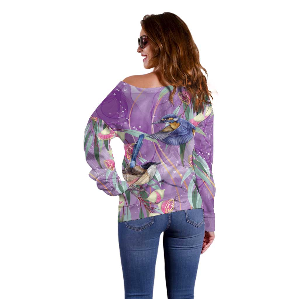 Australia Epilepsy Awareness Off Shoulder Sweater Purple Fairy Wren with Eucalyptus Flowers - Aussie Hoodie