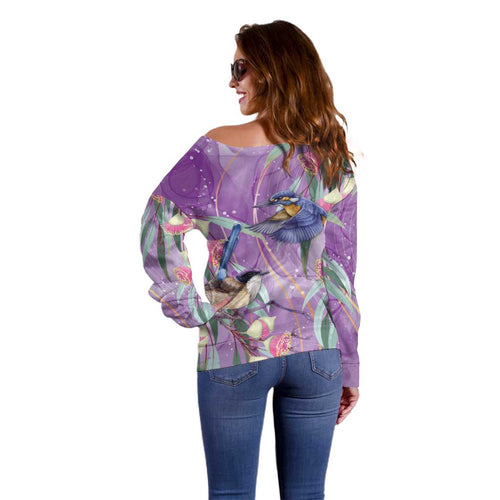 Australia Epilepsy Awareness Off Shoulder Sweater Purple Fairy Wren with Eucalyptus Flowers - Aussie Hoodie