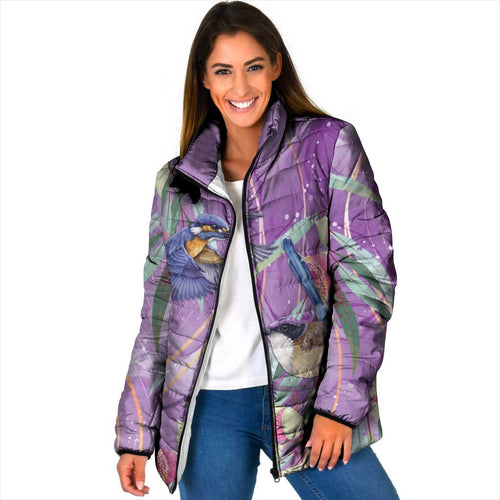 Australia Epilepsy Awareness Padded Jacket Purple Fairy Wren with Eucalyptus Flowers - Aussie Hoodie