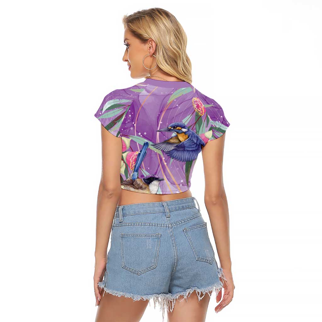 Australia Epilepsy Awareness Raglan Cropped T Shirt Purple Fairy Wren with Eucalyptus Flowers - Aussie Hoodie