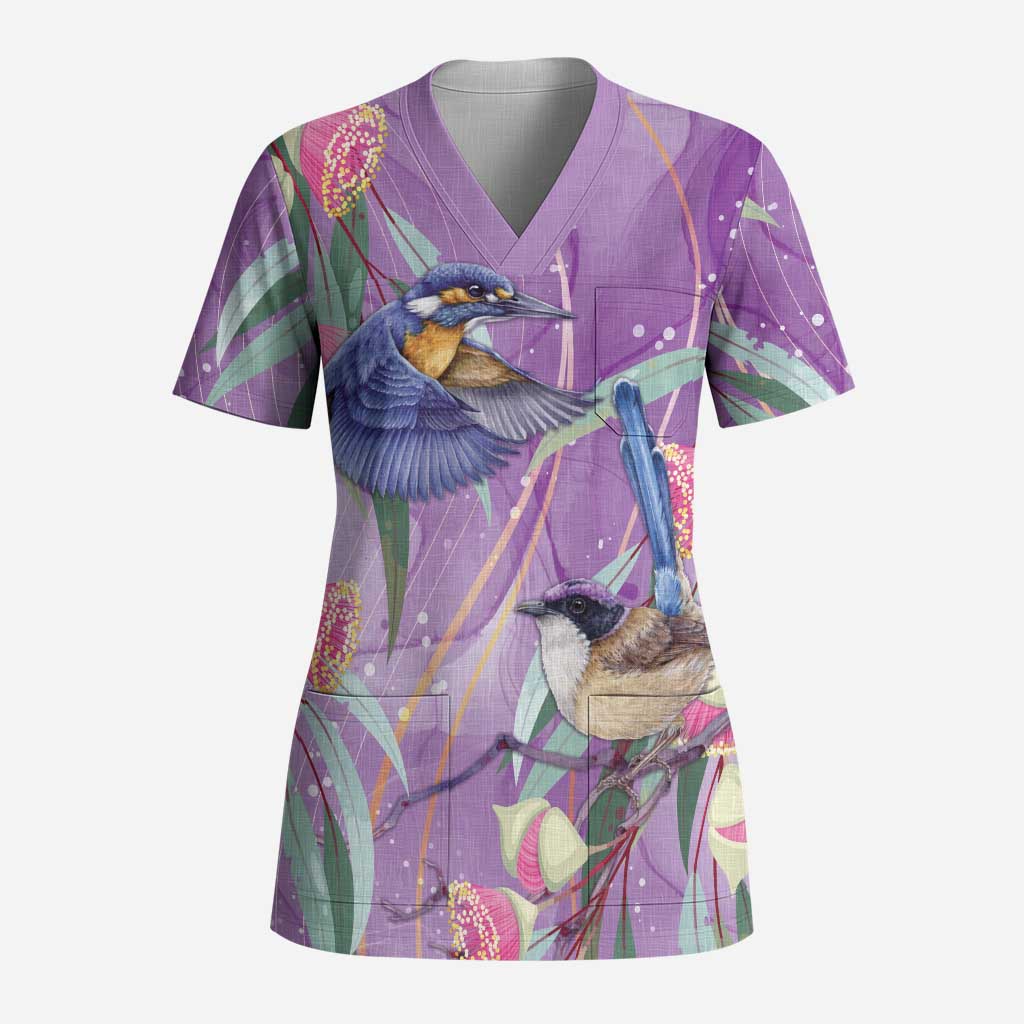 Australia Epilepsy Awareness Scrub Top Purple Fairy Wren with Eucalyptus Flowers - Aussie Hoodie