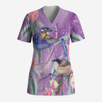 Australia Epilepsy Awareness Scrub Top Purple Fairy Wren with Eucalyptus Flowers - Aussie Hoodie