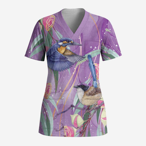 Australia Epilepsy Awareness Scrub Top Purple Fairy Wren with Eucalyptus Flowers - Aussie Hoodie