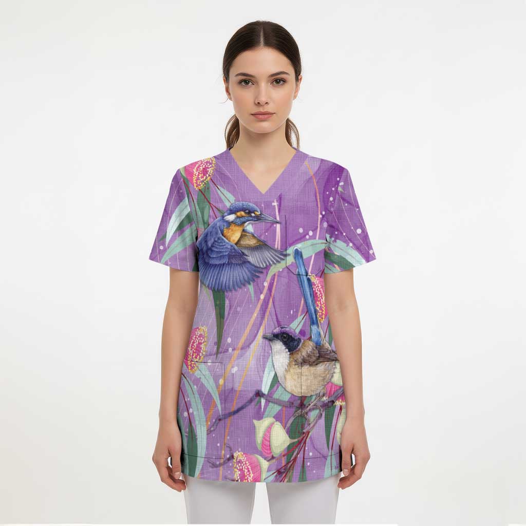 Australia Epilepsy Awareness Scrub Top Purple Fairy Wren with Eucalyptus Flowers - Aussie Hoodie