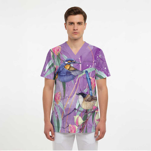 Australia Epilepsy Awareness Scrub Top Purple Fairy Wren with Eucalyptus Flowers - Aussie Hoodie
