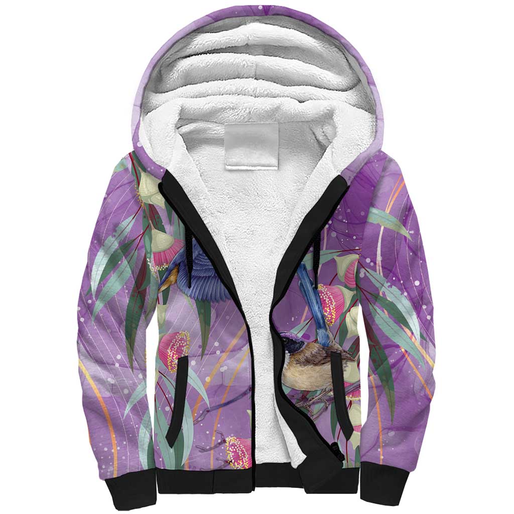 Australia Epilepsy Awareness Sherpa Hoodie Purple Fairy Wren with Eucalyptus Flowers - Aussie Hoodie