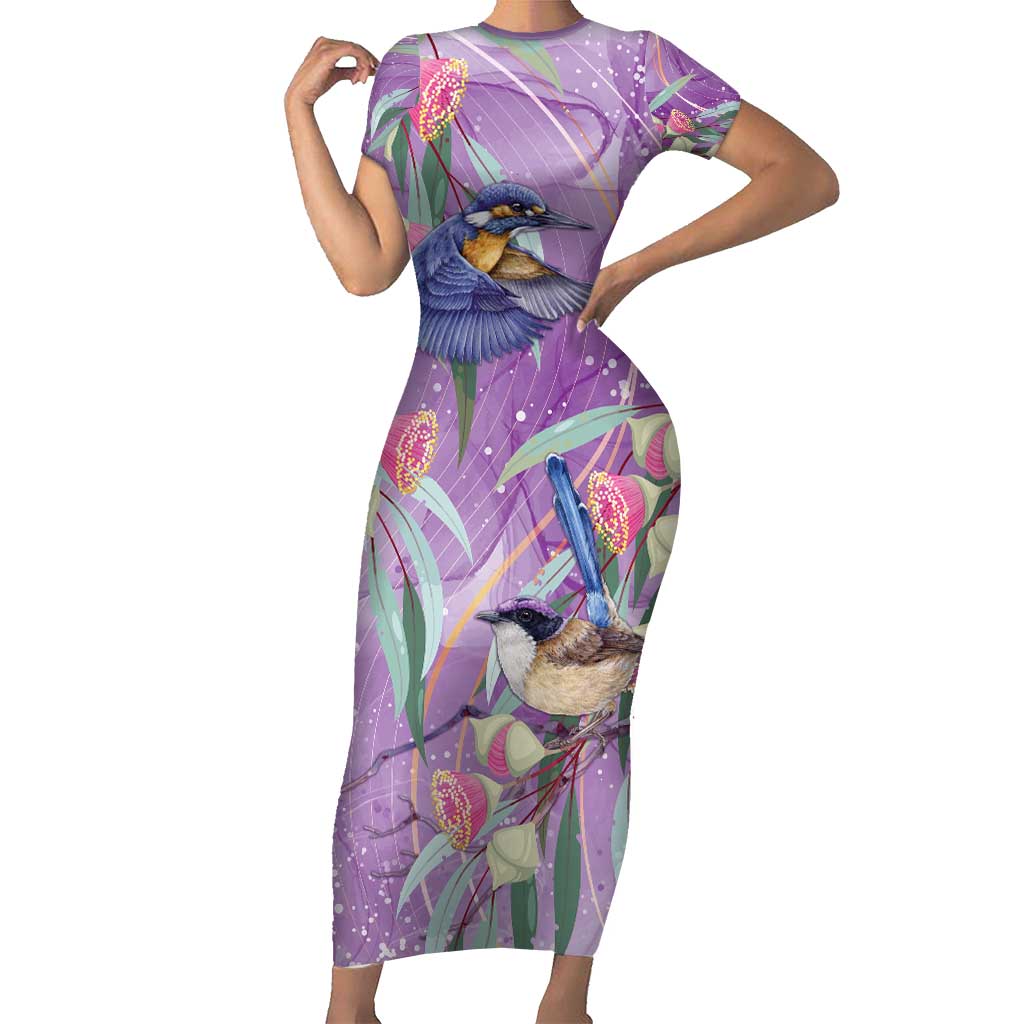 Australia Epilepsy Awareness Short Sleeve Bodycon Dress Purple Fairy Wren with Eucalyptus Flowers - Aussie Hoodie