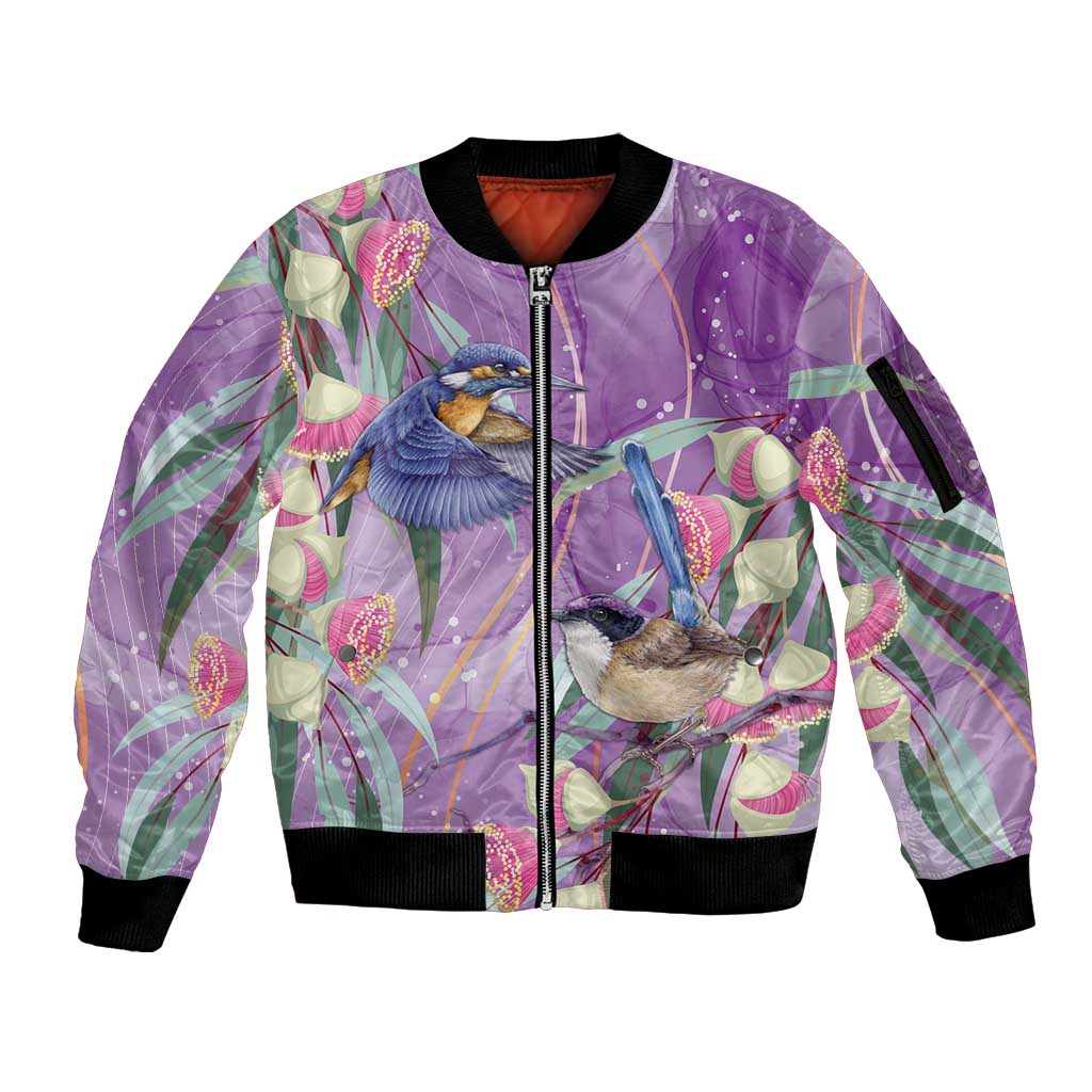 Australia Epilepsy Awareness Sleeve Zip Bomber Jacket Purple Fairy Wren with Eucalyptus Flowers - Aussie Hoodie
