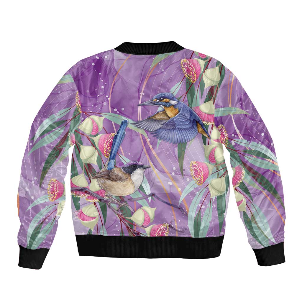 Australia Epilepsy Awareness Sleeve Zip Bomber Jacket Purple Fairy Wren with Eucalyptus Flowers - Aussie Hoodie