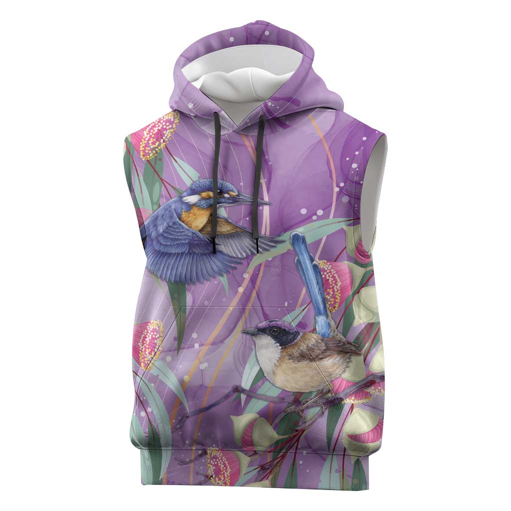 Australia Epilepsy Awareness Sleeveless Hoodie Purple Fairy Wren with Eucalyptus Flowers - Aussie Hoodie