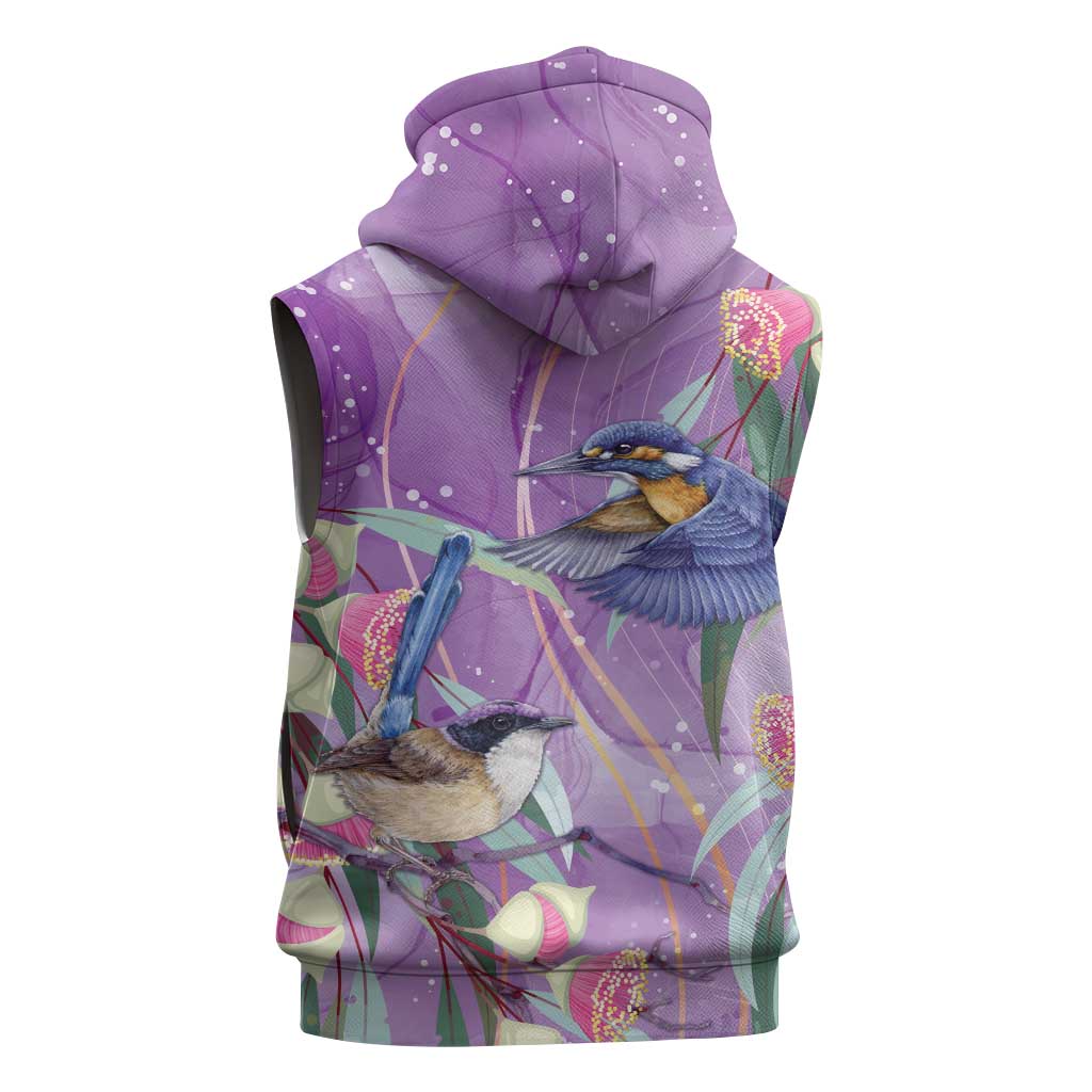 Australia Epilepsy Awareness Sleeveless Hoodie Purple Fairy Wren with Eucalyptus Flowers - Aussie Hoodie