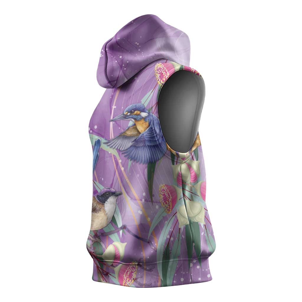 Australia Epilepsy Awareness Sleeveless Hoodie Purple Fairy Wren with Eucalyptus Flowers - Aussie Hoodie