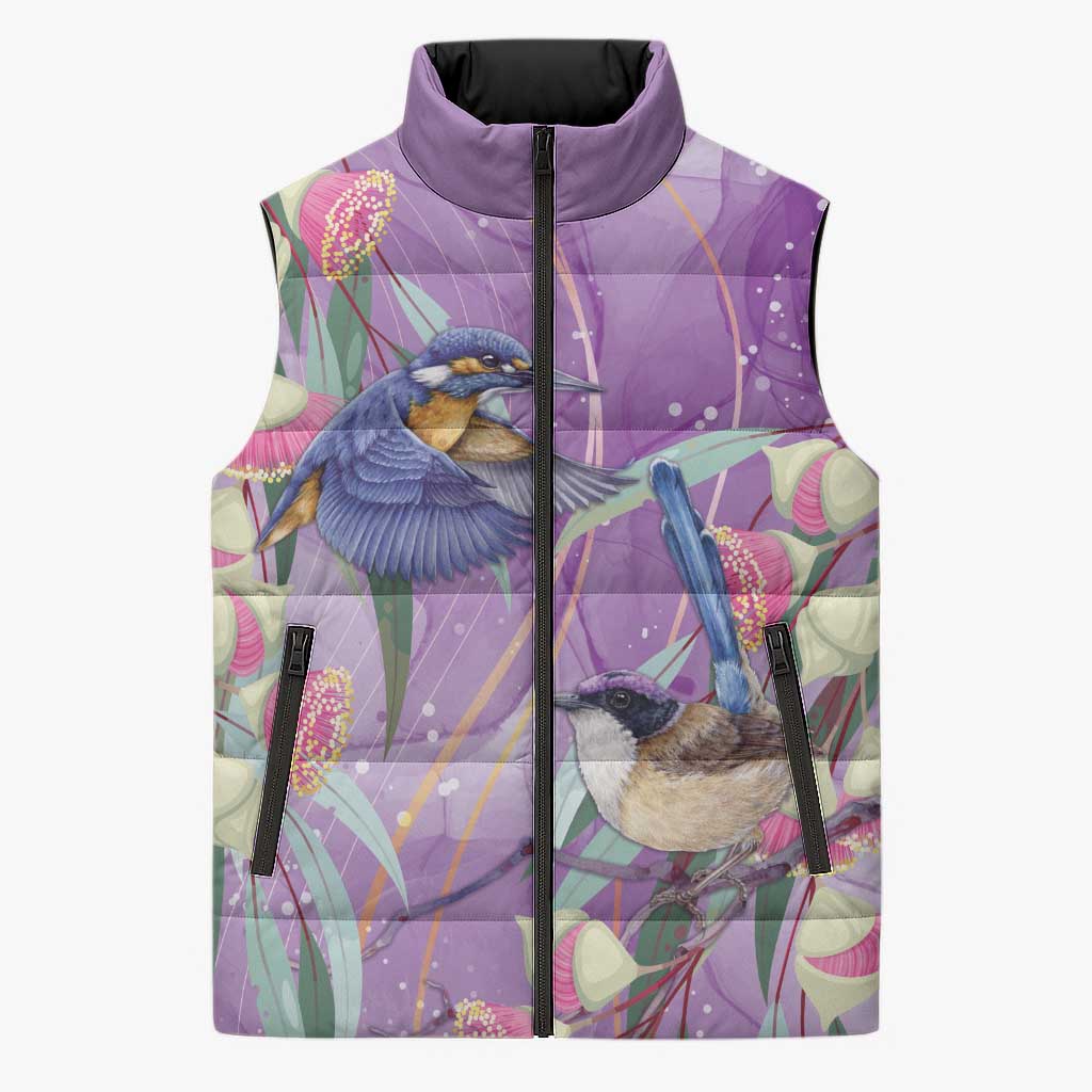 Australia Epilepsy Awareness Sleeveless Puffer Jacket Purple Fairy Wren with Eucalyptus Flowers - Aussie Hoodie