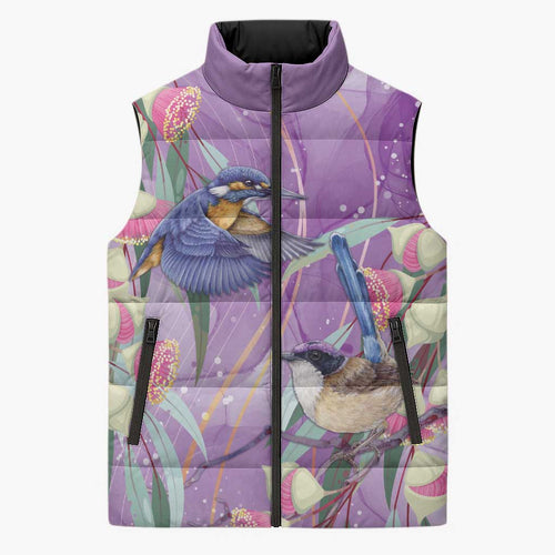 Australia Epilepsy Awareness Sleeveless Puffer Jacket Purple Fairy Wren with Eucalyptus Flowers - Aussie Hoodie