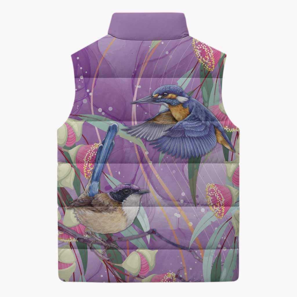Australia Epilepsy Awareness Sleeveless Puffer Jacket Purple Fairy Wren with Eucalyptus Flowers - Aussie Hoodie