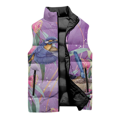 Australia Epilepsy Awareness Sleeveless Puffer Jacket Purple Fairy Wren with Eucalyptus Flowers - Aussie Hoodie