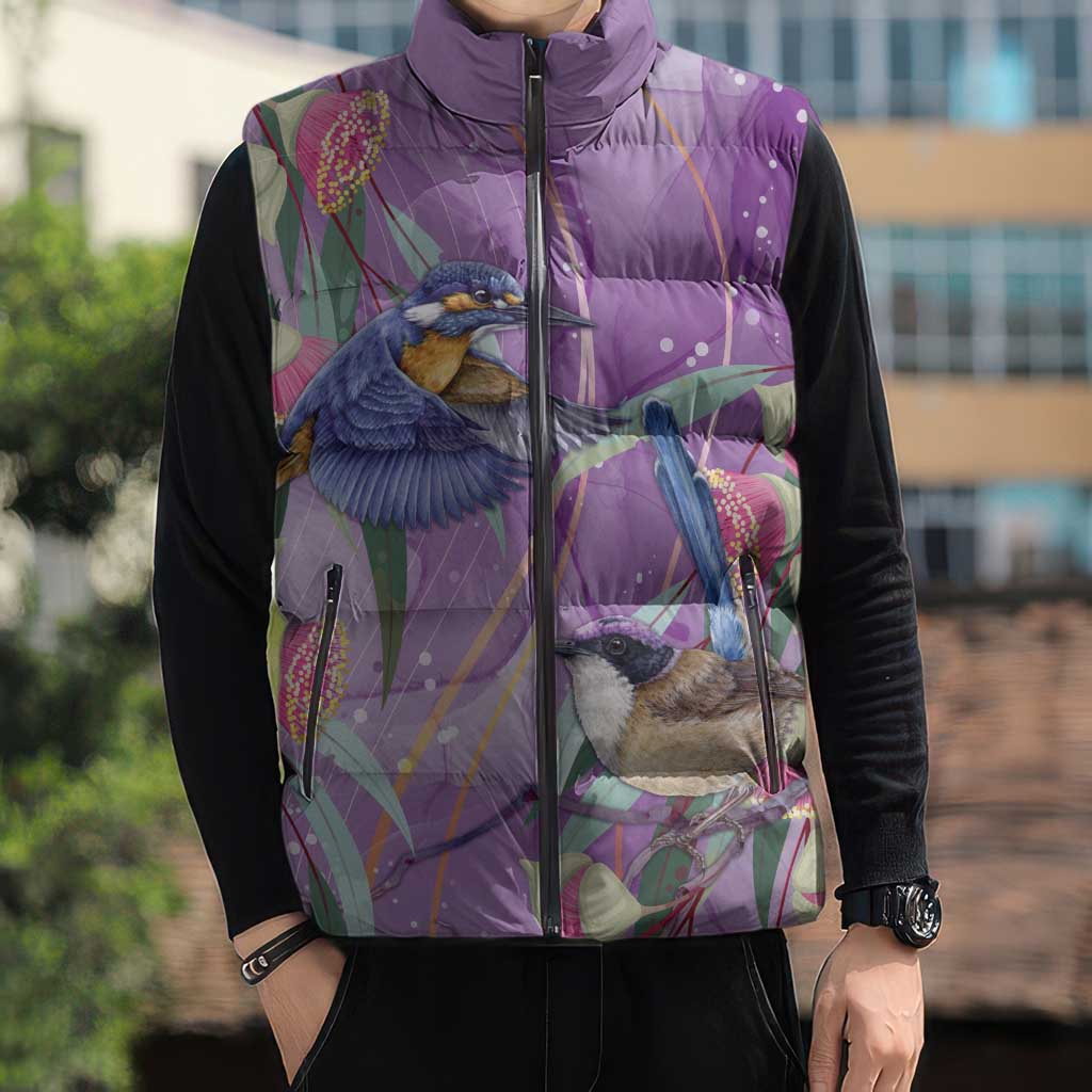 Australia Epilepsy Awareness Sleeveless Puffer Jacket Purple Fairy Wren with Eucalyptus Flowers - Aussie Hoodie