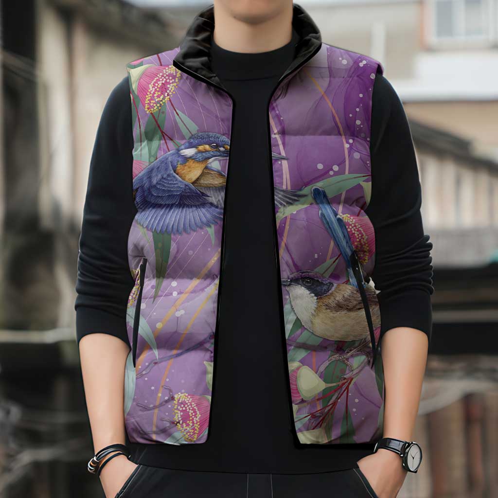Australia Epilepsy Awareness Sleeveless Puffer Jacket Purple Fairy Wren with Eucalyptus Flowers - Aussie Hoodie