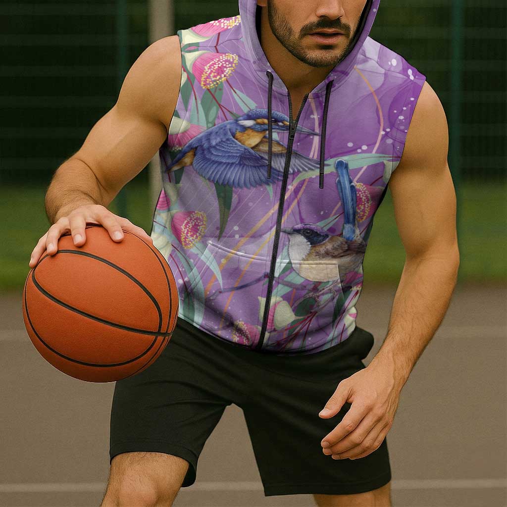 Australia Epilepsy Awareness Sleeveless Zip Hoodie Purple Fairy Wren with Eucalyptus Flowers LT7
