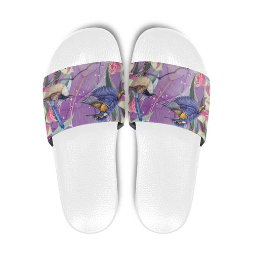 Australia Epilepsy Awareness Slide Sandals Purple Fairy Wren with Eucalyptus Flowers - Aussie Hoodie