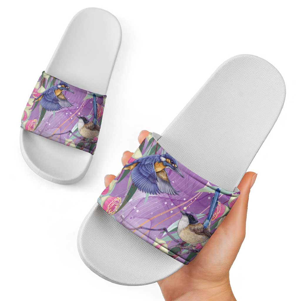 Australia Epilepsy Awareness Slide Sandals Purple Fairy Wren with Eucalyptus Flowers - Aussie Hoodie