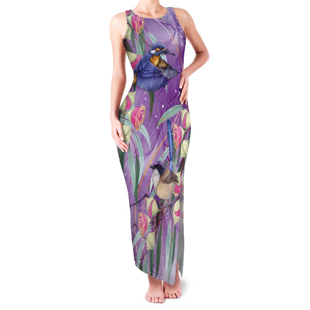 Australia Epilepsy Awareness Tank Maxi Dress Purple Fairy Wren with Eucalyptus Flowers - Aussie Hoodie