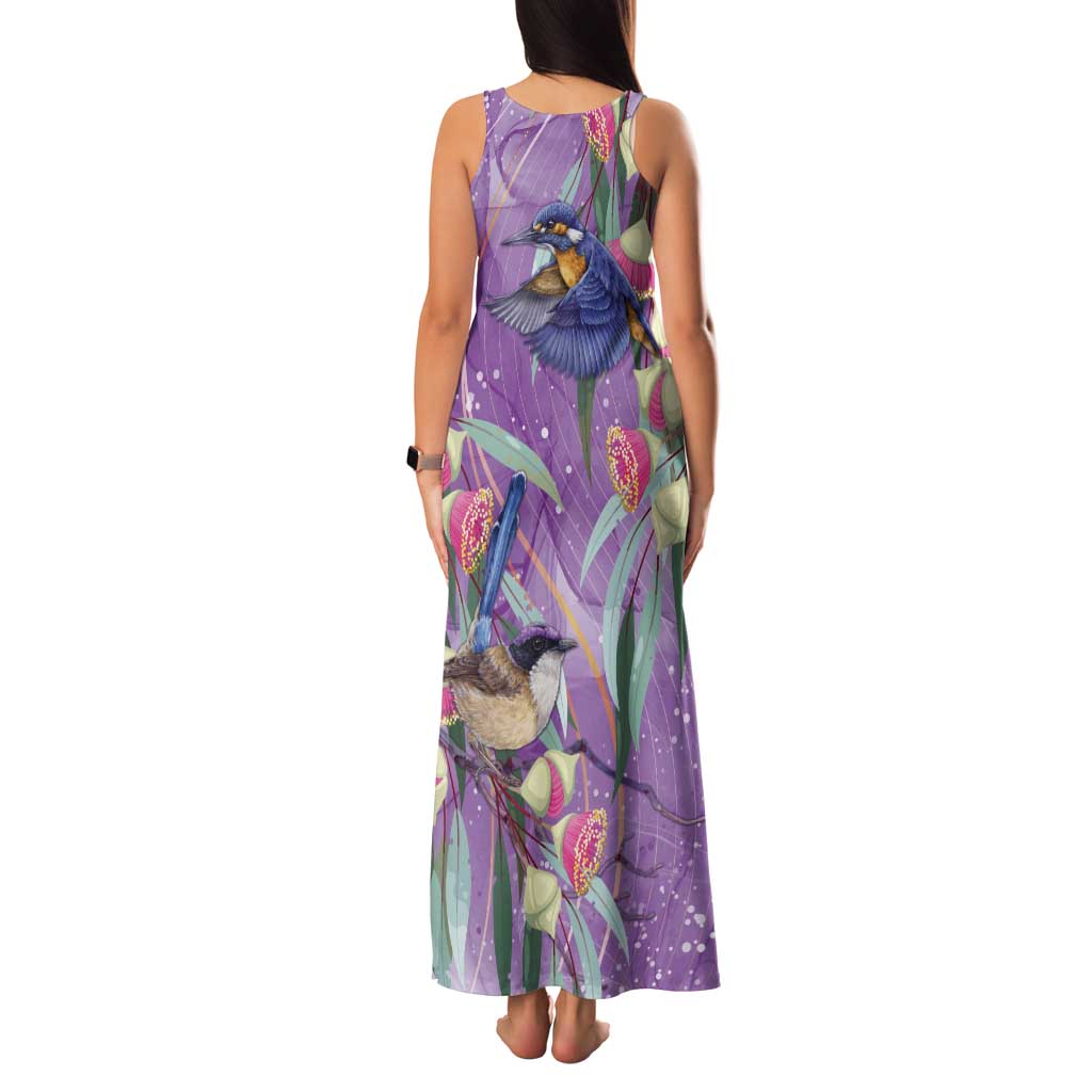 Australia Epilepsy Awareness Tank Maxi Dress Purple Fairy Wren with Eucalyptus Flowers - Aussie Hoodie