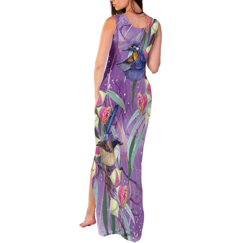Australia Epilepsy Awareness Tank Maxi Dress Purple Fairy Wren with Eucalyptus Flowers - Aussie Hoodie