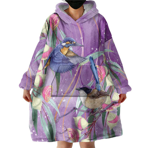 Australia Epilepsy Awareness Wearable Blanket Hoodie Purple Fairy Wren with Eucalyptus Flowers - Aussie Hoodie