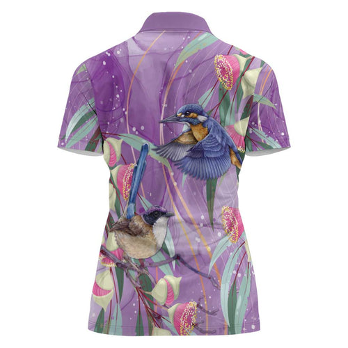 Australia Epilepsy Awareness Women Polo Shirt Purple Fairy Wren with Eucalyptus Flowers - Aussie Hoodie