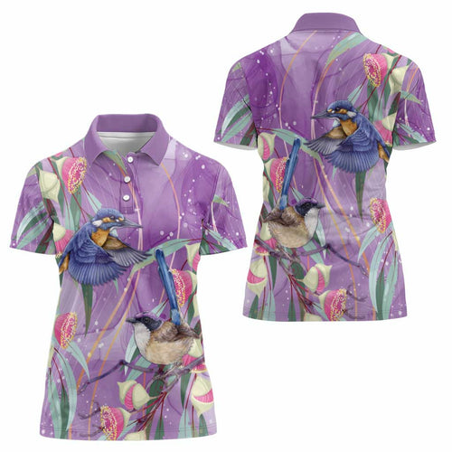 Australia Epilepsy Awareness Women Polo Shirt Purple Fairy Wren with Eucalyptus Flowers - Aussie Hoodie